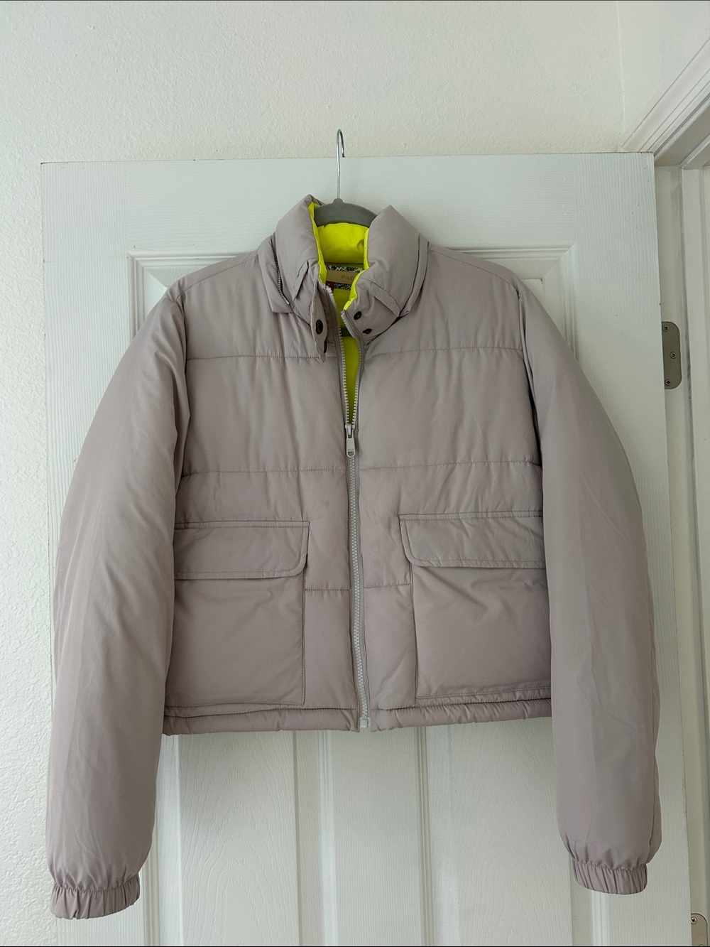 Pilcro Taupe Puffer Jacket with Neon Yellow Lining